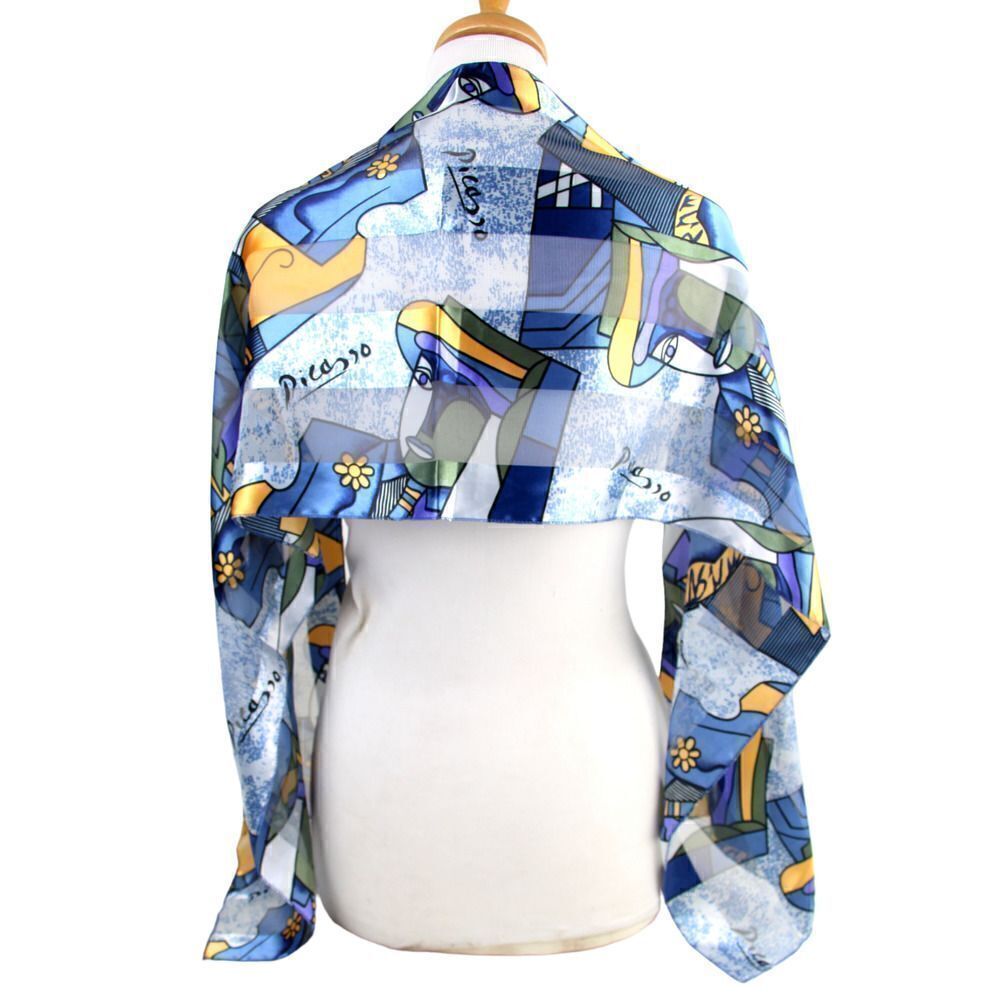 13.5"x60" Picasso BLUE MULTICOLOR POLYESTER HANDROLLED SCARF SHAWL WRAP (B46
